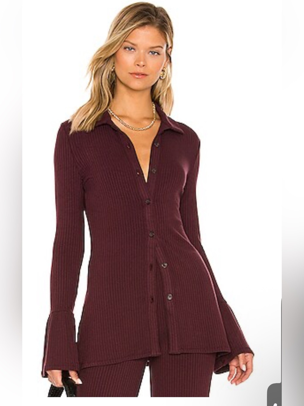 Women n:philanthropy Ribbed Button Down Collared Shirt -Flared Cuffs-Red-Large